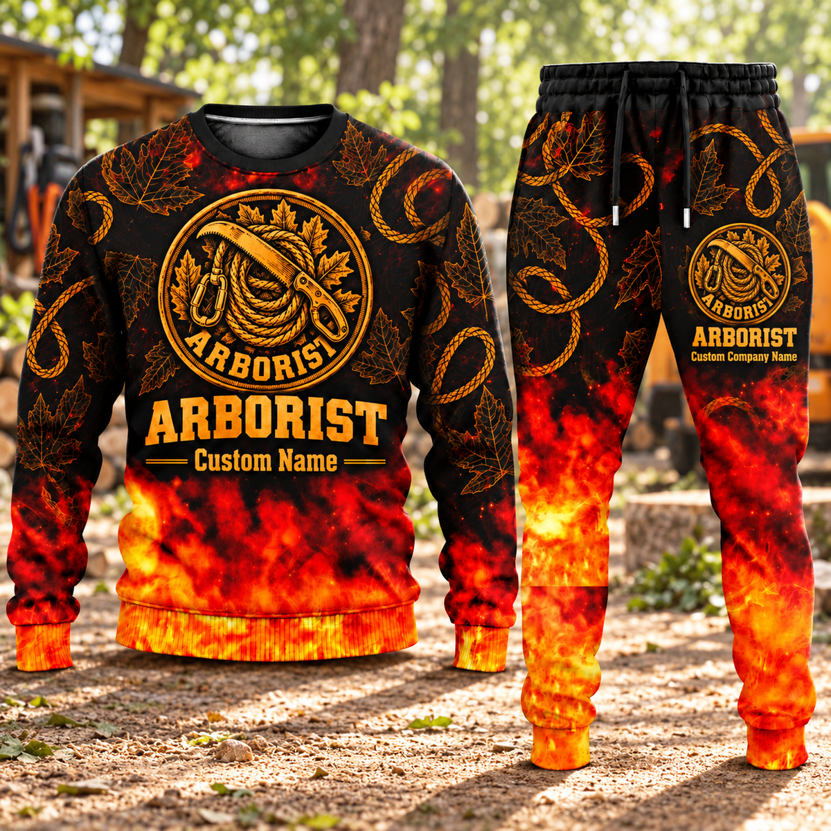 Arborist Flame Emblem sweater and jogger combo, hero view with name and company artwork
