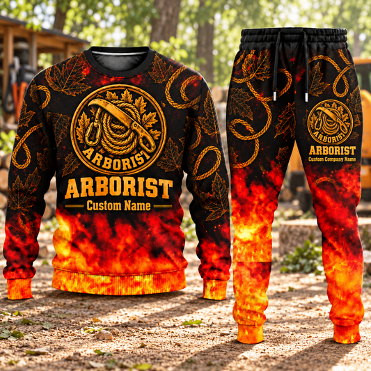 Arborist Flame Emblem sweater and jogger combo, hero view with name and company artwork