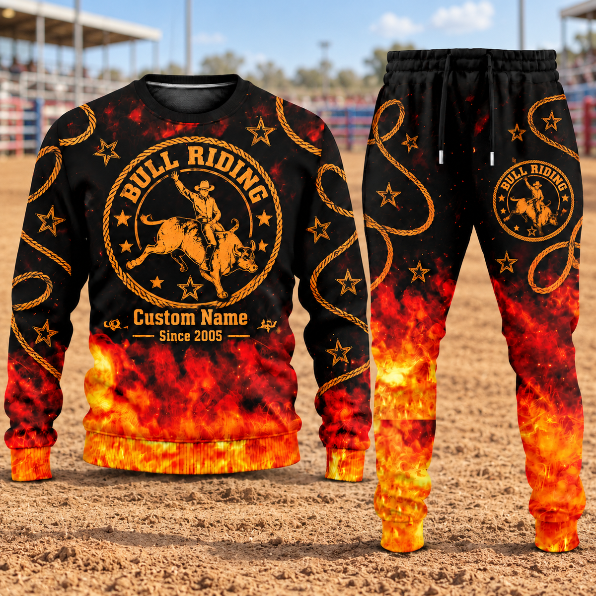 Bull Riding Flame Emblem sweater and jogger combo, hero view with name and Since 2005 artwork