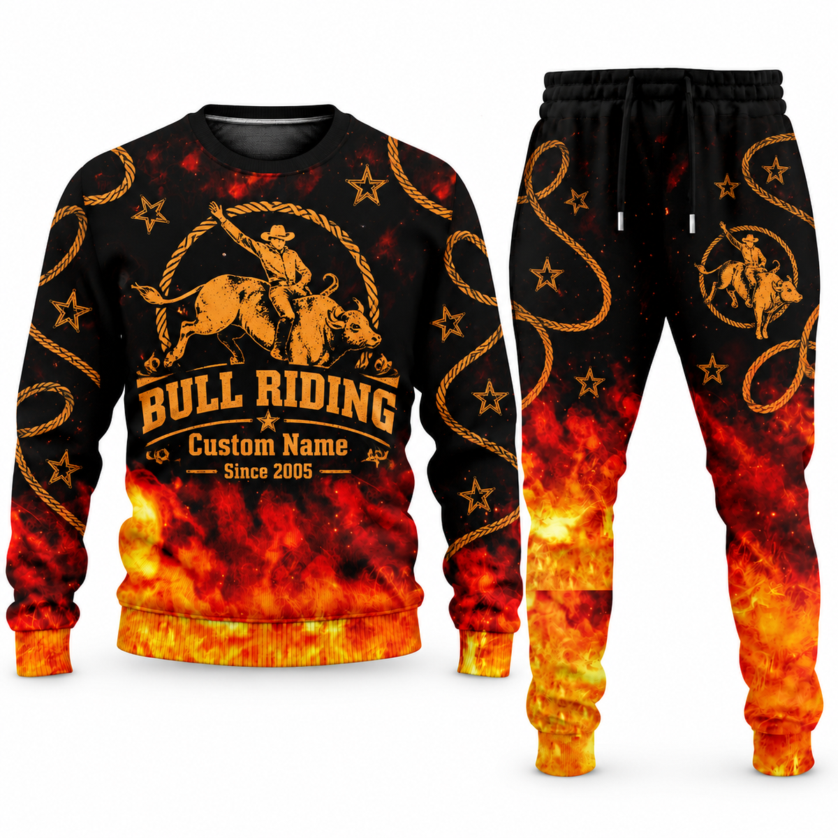 Bull Riding Flame Emblem sweater and jogger combo, tools view with name and Since 2005 artwork