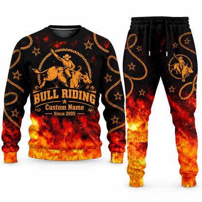 Bull Riding Flame Emblem sweater and jogger combo, tools view with name and Since 2005 artwork