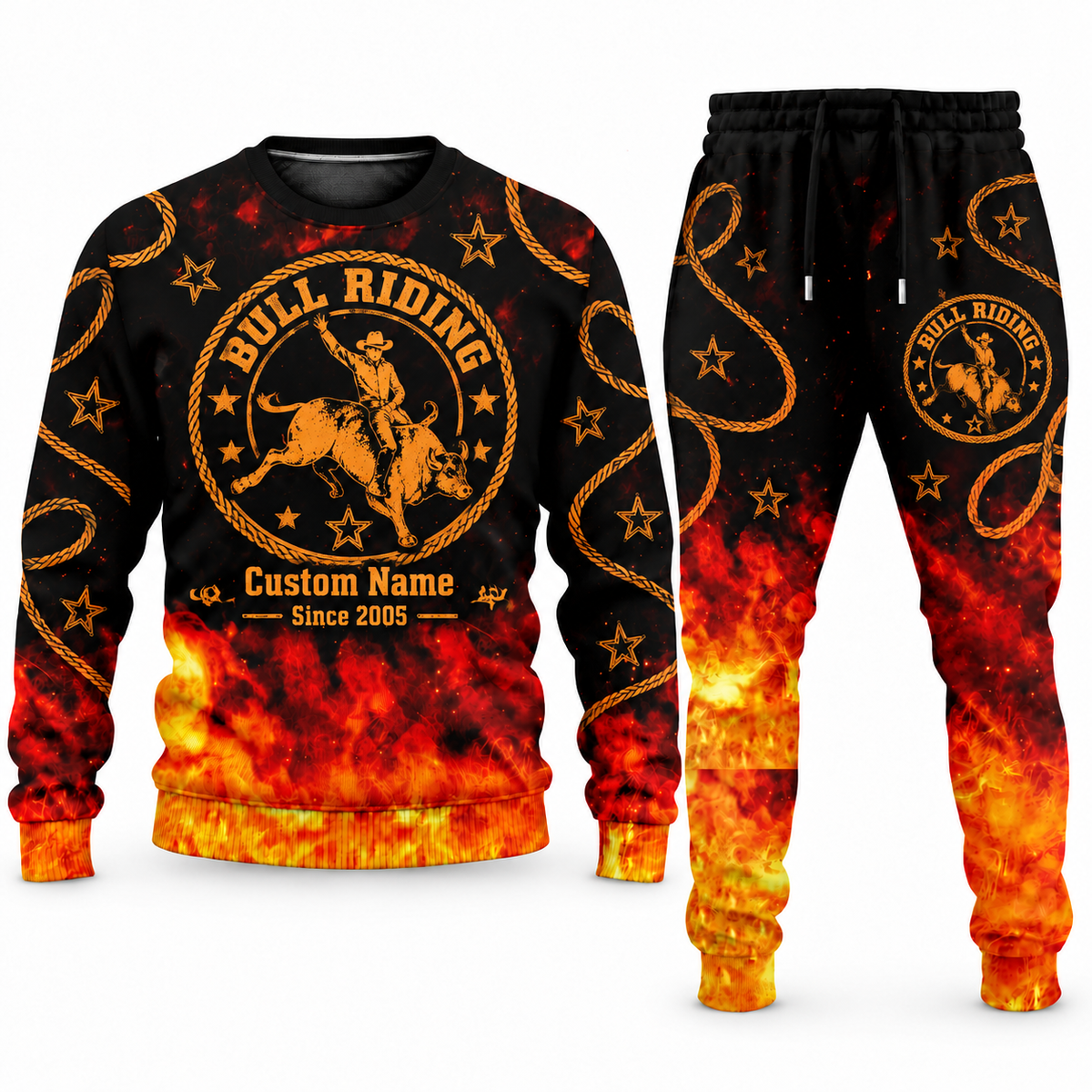 Bull Riding Flame Emblem sweater and jogger combo, emblem view with name and Since 2005 artwork