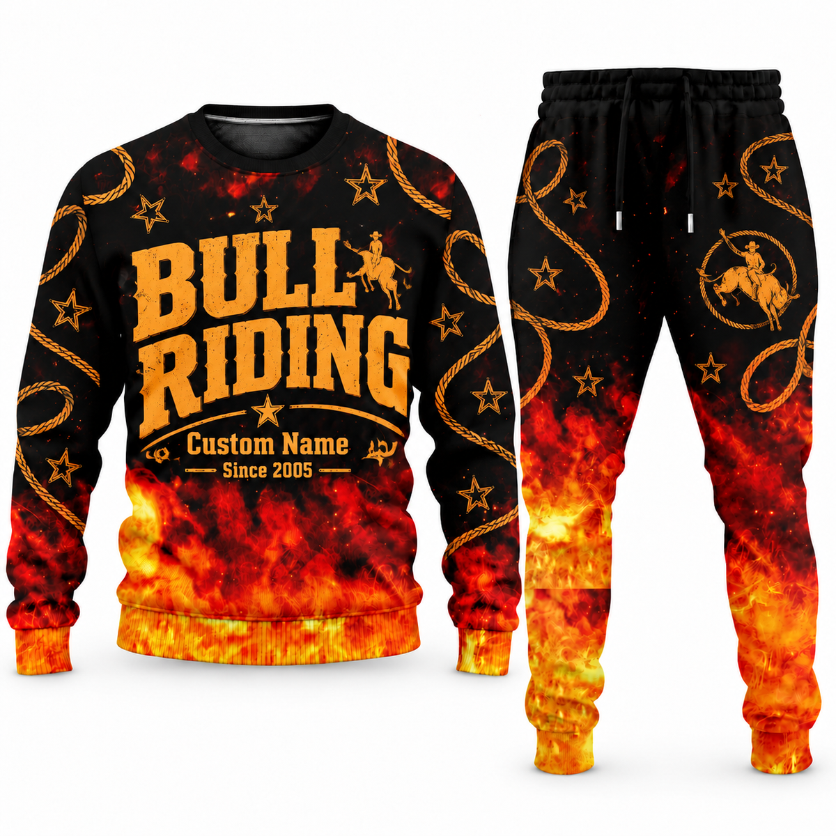 Bull Riding Flame Emblem sweater and jogger combo, typography view with name and Since 2005 artwork