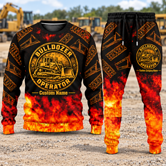 Bulldozer Operator Flame Emblem sweater and jogger combo, hero view with name and company artwork