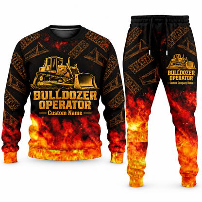 Bulldozer Operator Flame Emblem sweater and jogger combo, tools view with name and company artwork