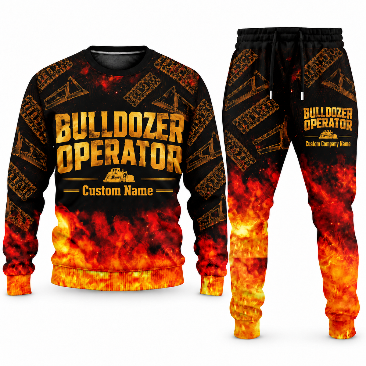 Bulldozer Operator Flame Emblem sweater and jogger combo, typography view with name and company artwork