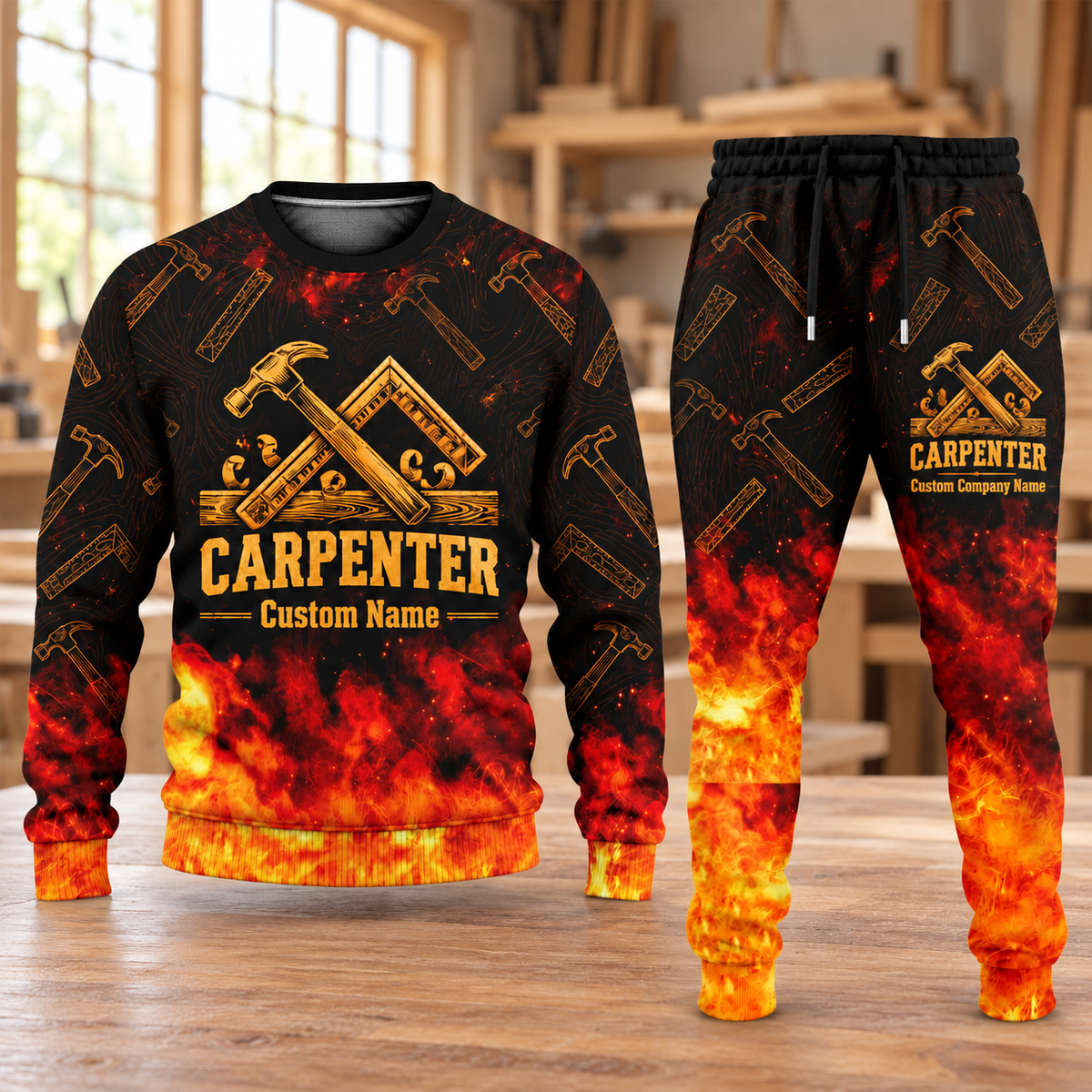 Carpenter Flame Emblem sweater and jogger combo, hero view with name and company artwork