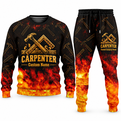 Carpenter Flame Emblem sweater and jogger combo, tools view with name and company artwork