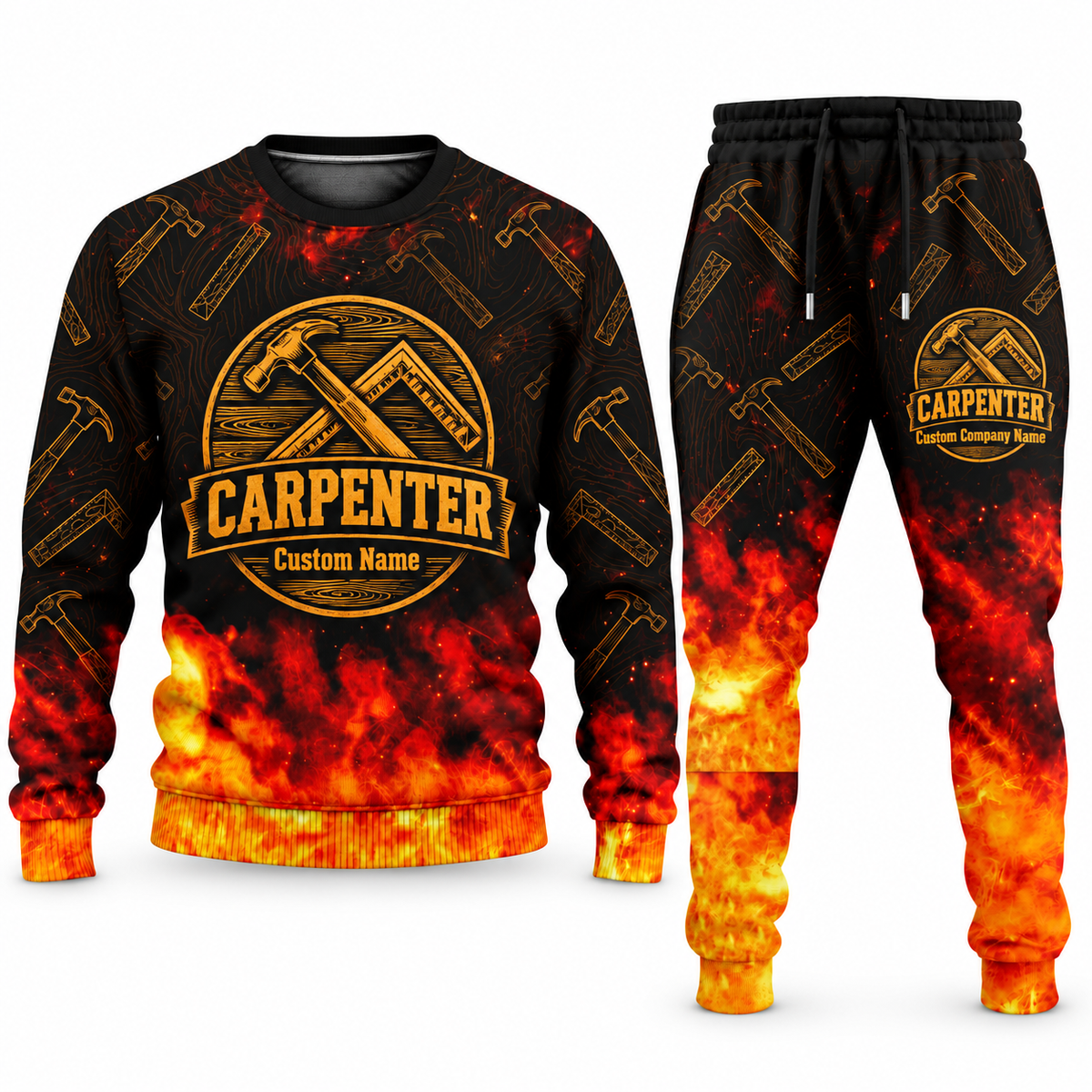 Carpenter Flame Emblem sweater and jogger combo, emblem view with name and company artwork
