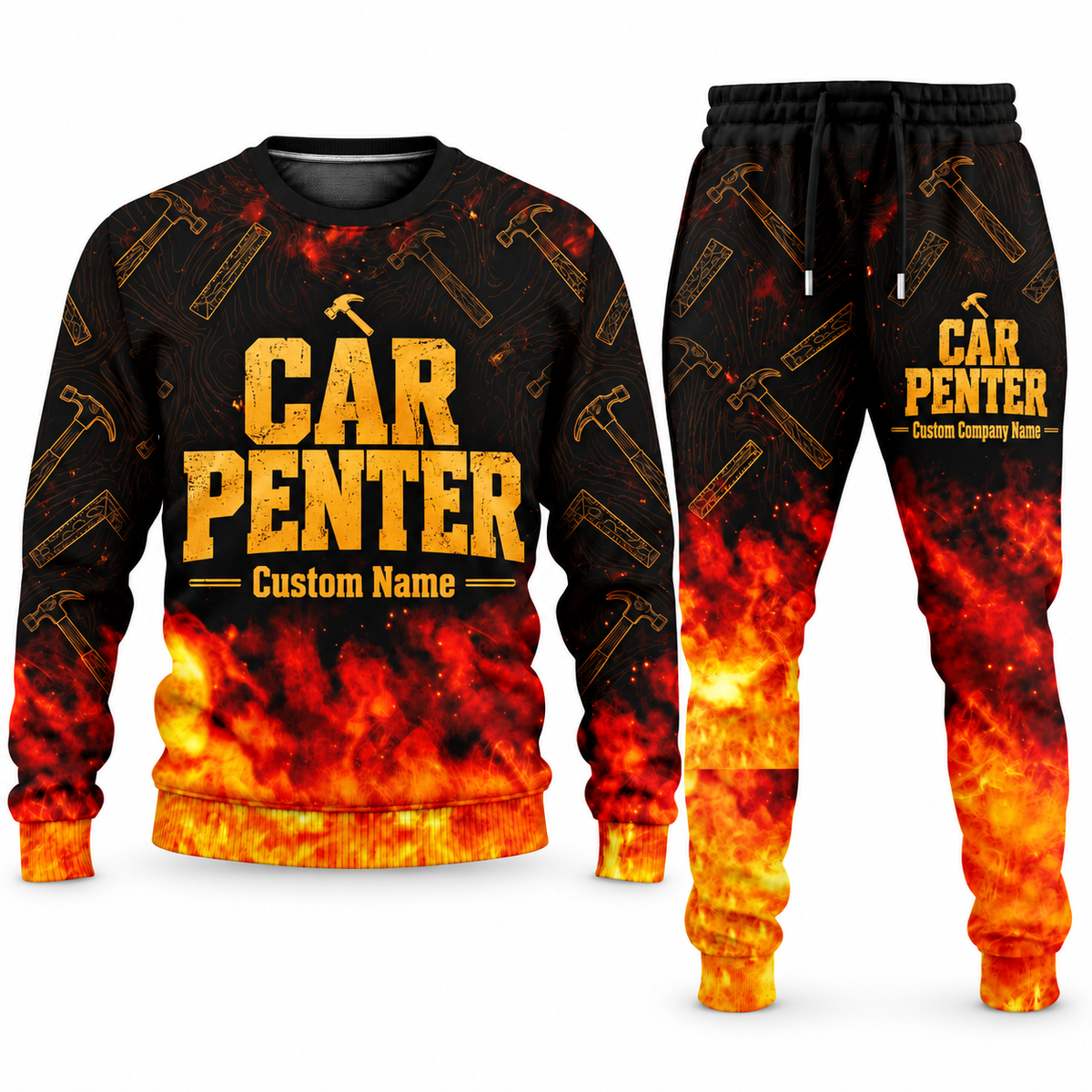 Carpenter Flame Emblem sweater and jogger combo, typography view with name and company artwork