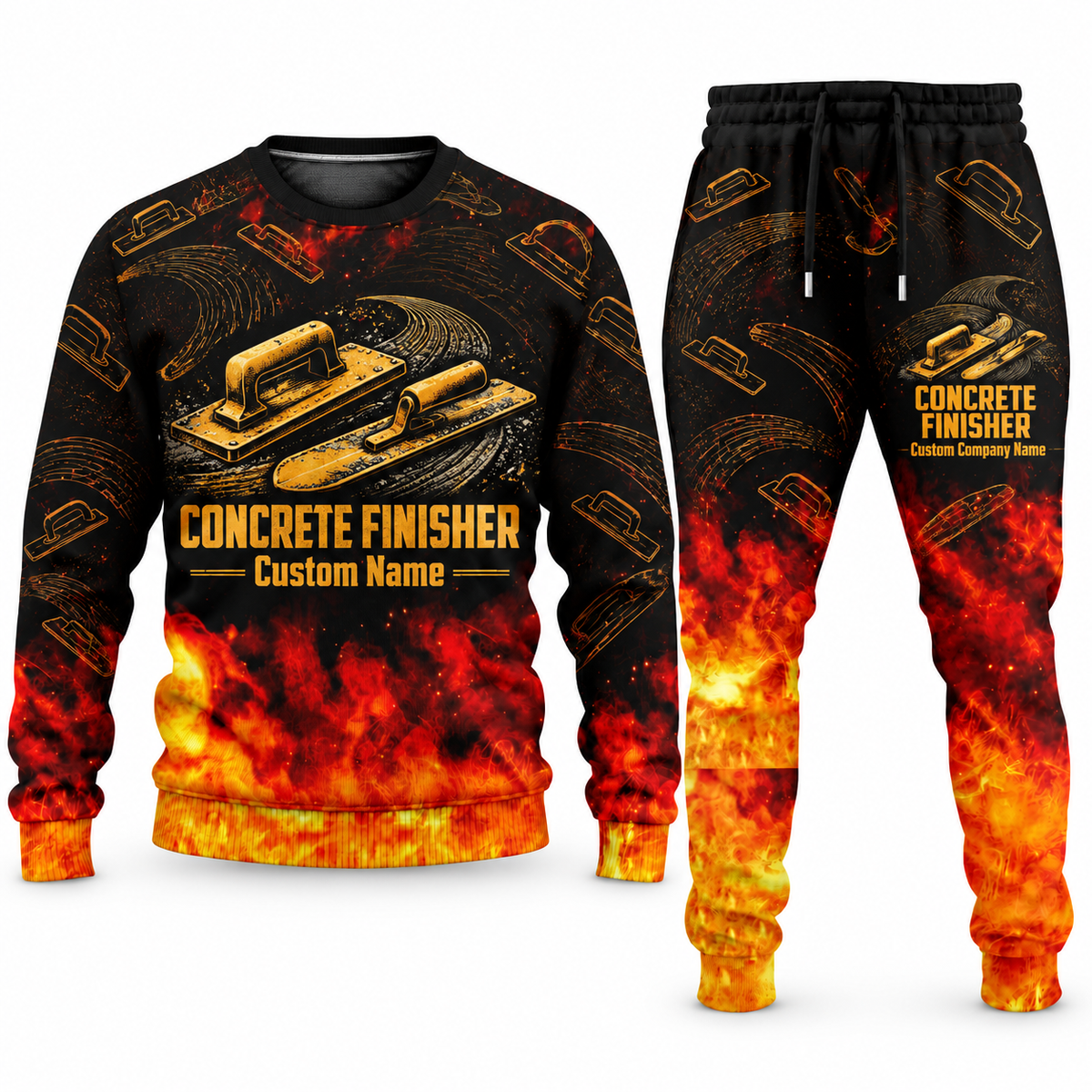 Concrete Finisher Flame Emblem sweater and jogger combo, tools view with name and company artwork