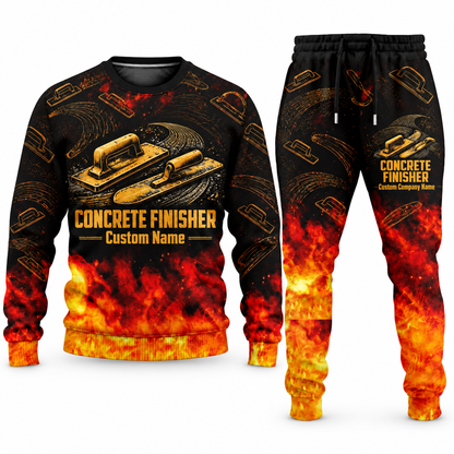 Concrete Finisher Flame Emblem sweater and jogger combo, tools view with name and company artwork