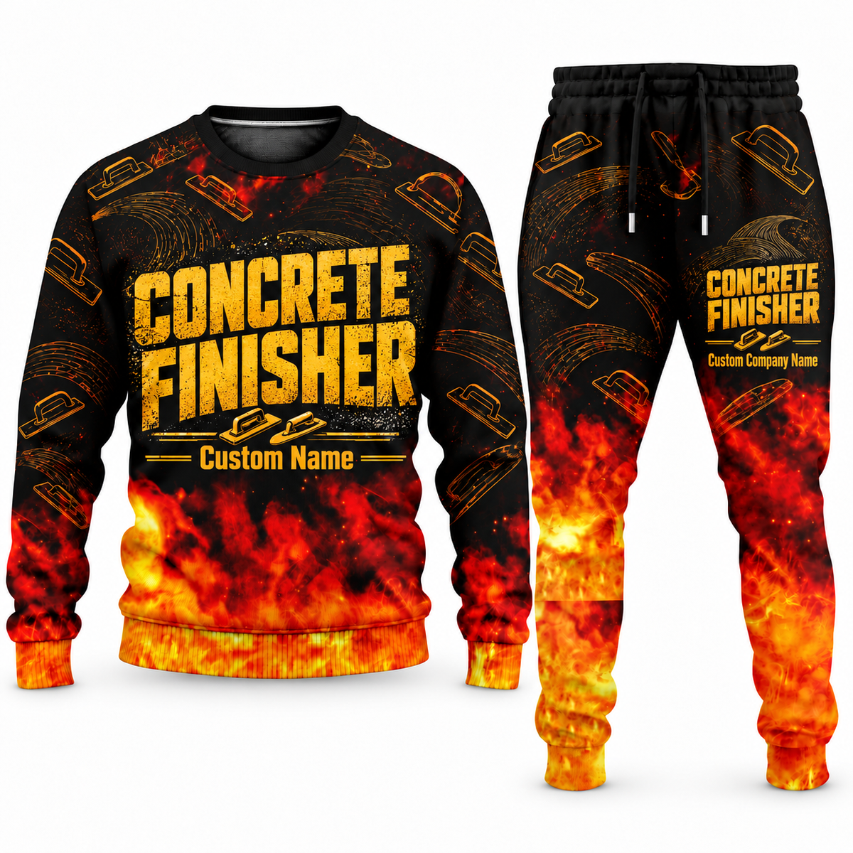 Concrete Finisher Flame Emblem sweater and jogger combo, typography view with name and company artwork