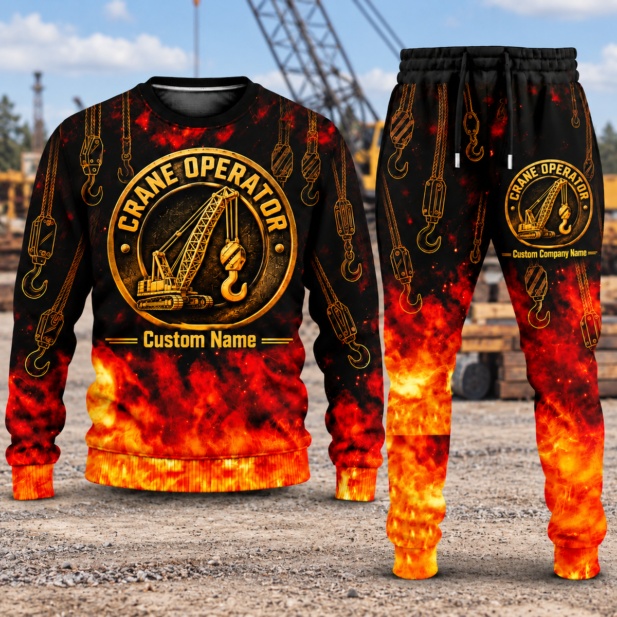 Crane Operator Flame Emblem sweater and jogger combo, hero view with name and company artwork