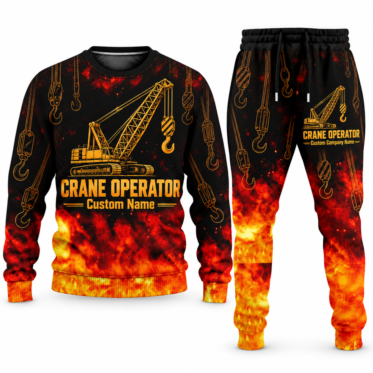 Crane Operator Flame Emblem sweater and jogger combo, tools view with name and company artwork