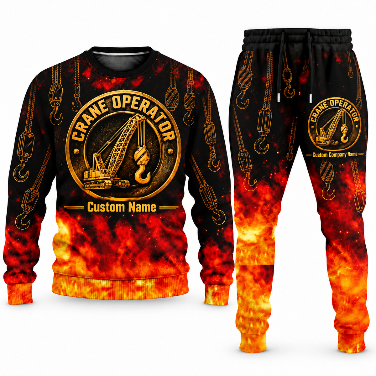 Crane Operator Flame Emblem sweater and jogger combo, emblem view with name and company artwork