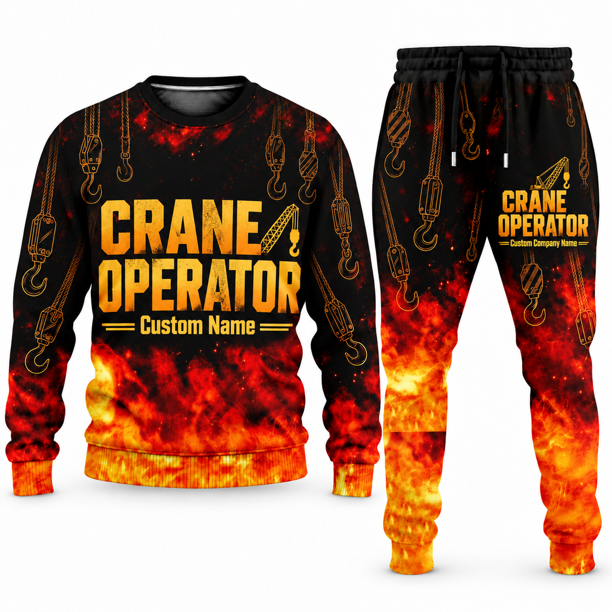 Crane Operator Flame Emblem sweater and jogger combo, typography view with name and company artwork