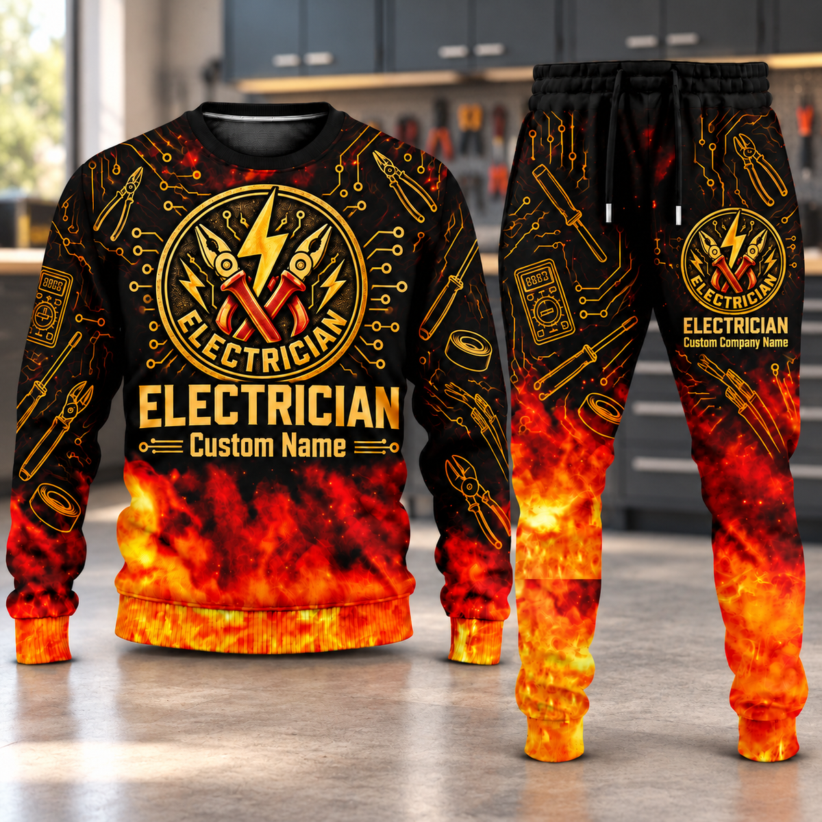 Electrician Flame Emblem sweater and jogger combo, hero view with name and company artwork