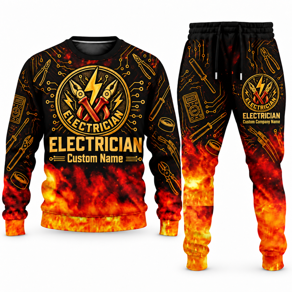 Electrician Flame Emblem sweater and jogger combo, emblem view with name and company artwork