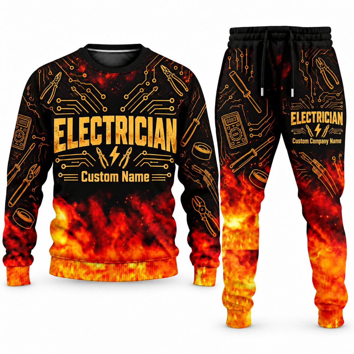 Electrician Flame Emblem sweater and jogger combo, typography view with name and company artwork