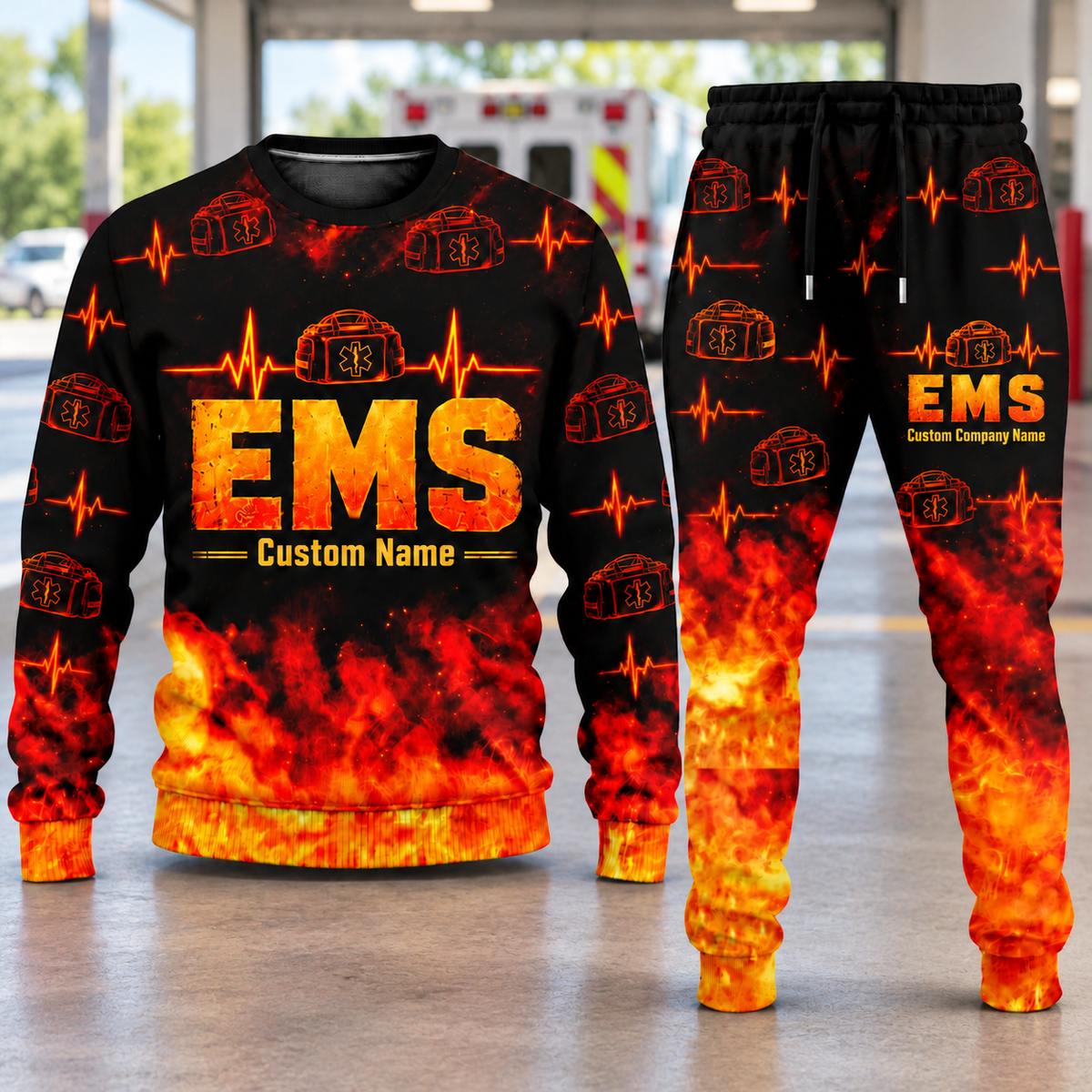 EMS Flame Emblem sweater and jogger combo, hero view with name and company artwork