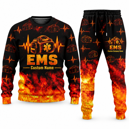 EMS Flame Emblem sweater and jogger combo, tools view with name and company artwork