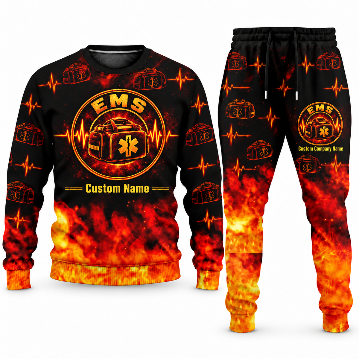 EMS Flame Emblem sweater and jogger combo, emblem view with name and company artwork