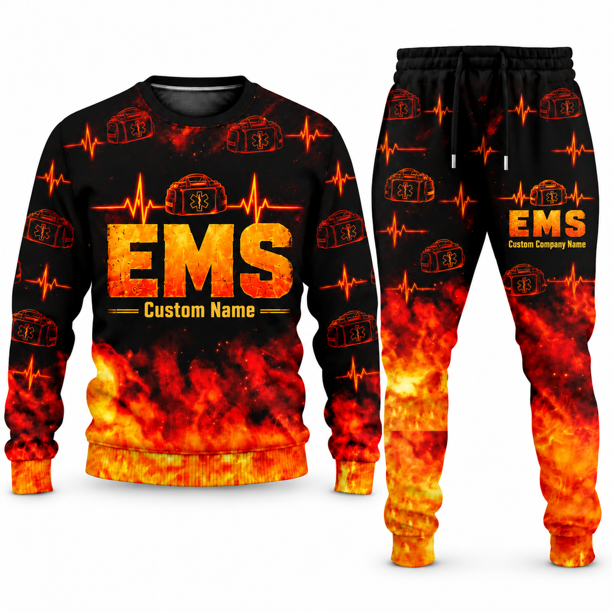 EMS Flame Emblem sweater and jogger combo, typography view with name and company artwork