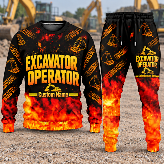 Excavator Operator Flame Emblem sweater and jogger combo, hero view with name and company artwork