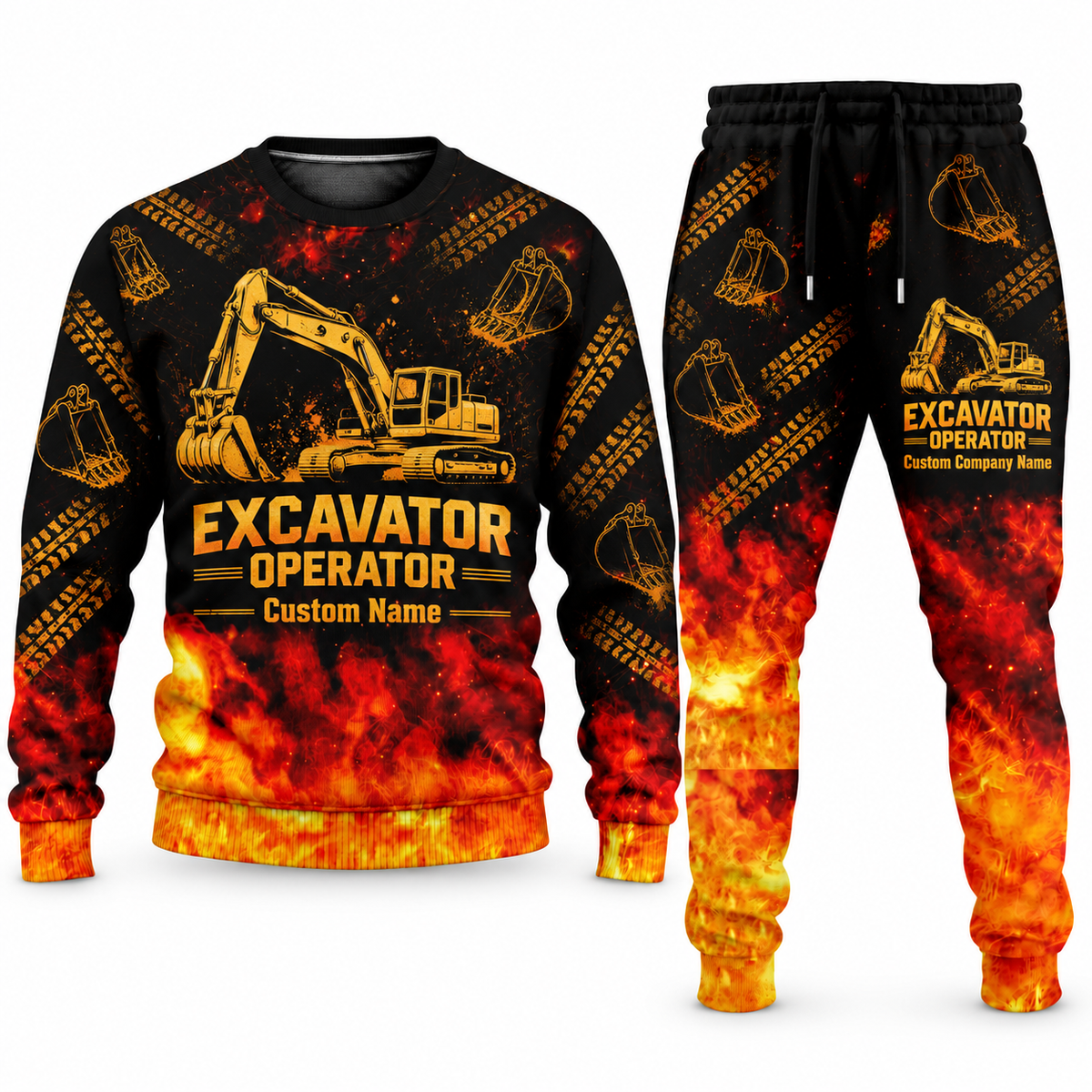 Excavator Operator Flame Emblem sweater and jogger combo, tools view with name and company artwork
