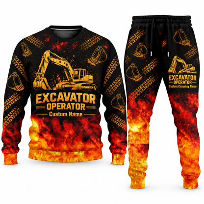 Excavator Operator Flame Emblem sweater and jogger combo, tools view with name and company artwork