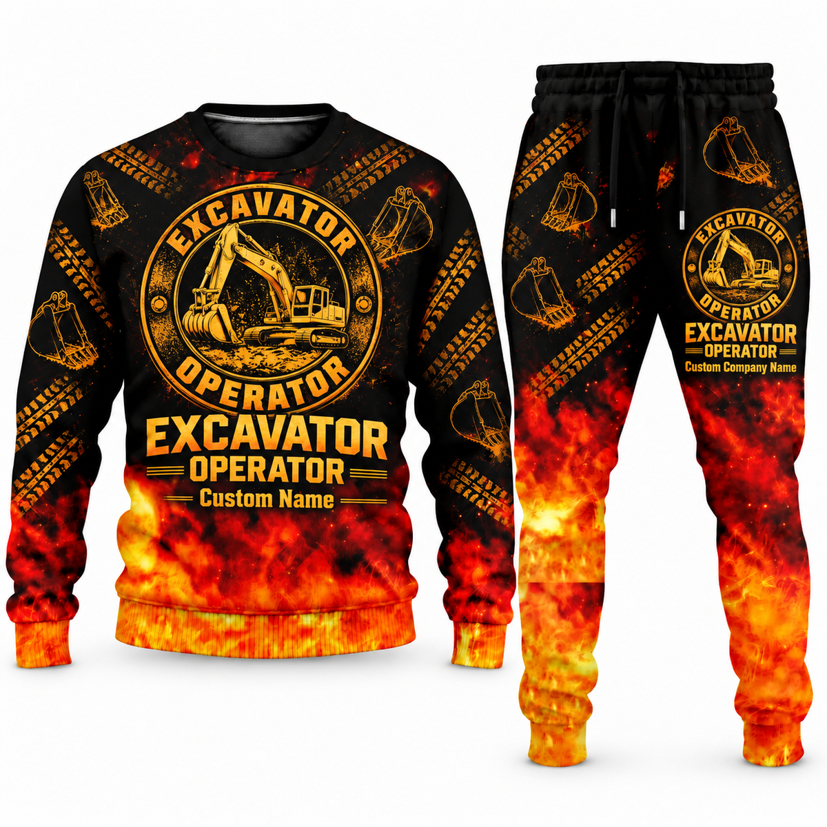 Excavator Operator Flame Emblem sweater and jogger combo, emblem view with name and company artwork