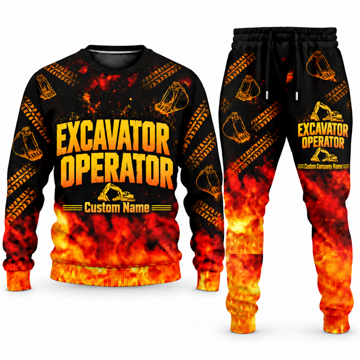 Excavator Operator Flame Emblem sweater and jogger combo, typography view with name and company artwork