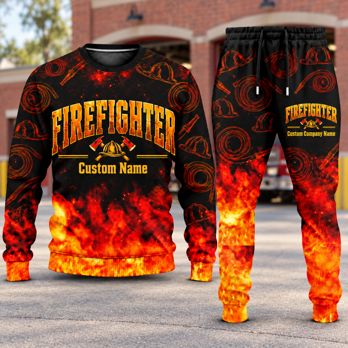Firefighter Flame Emblem sweater and jogger combo, hero view with name and company artwork