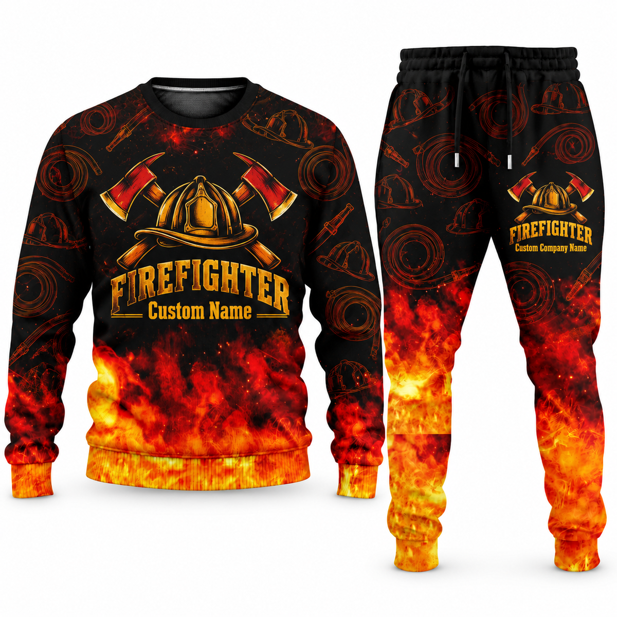 Firefighter Flame Emblem sweater and jogger combo, tools view with name and company artwork