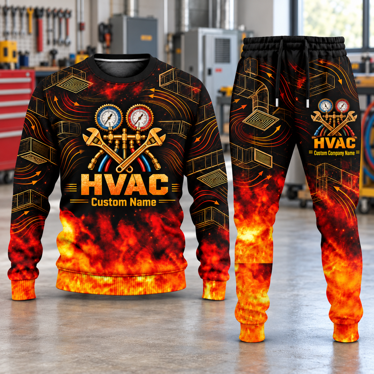 HVAC Flame Emblem sweater and jogger combo, hero view with name and company artwork