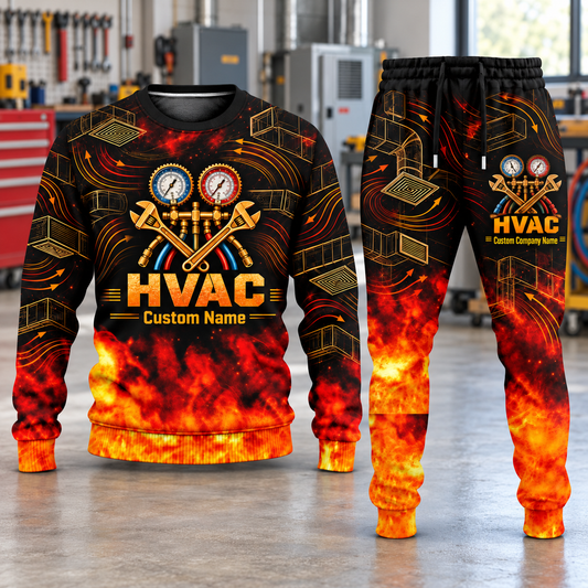 HVAC Flame Emblem sweater and jogger combo, hero view with name and company artwork