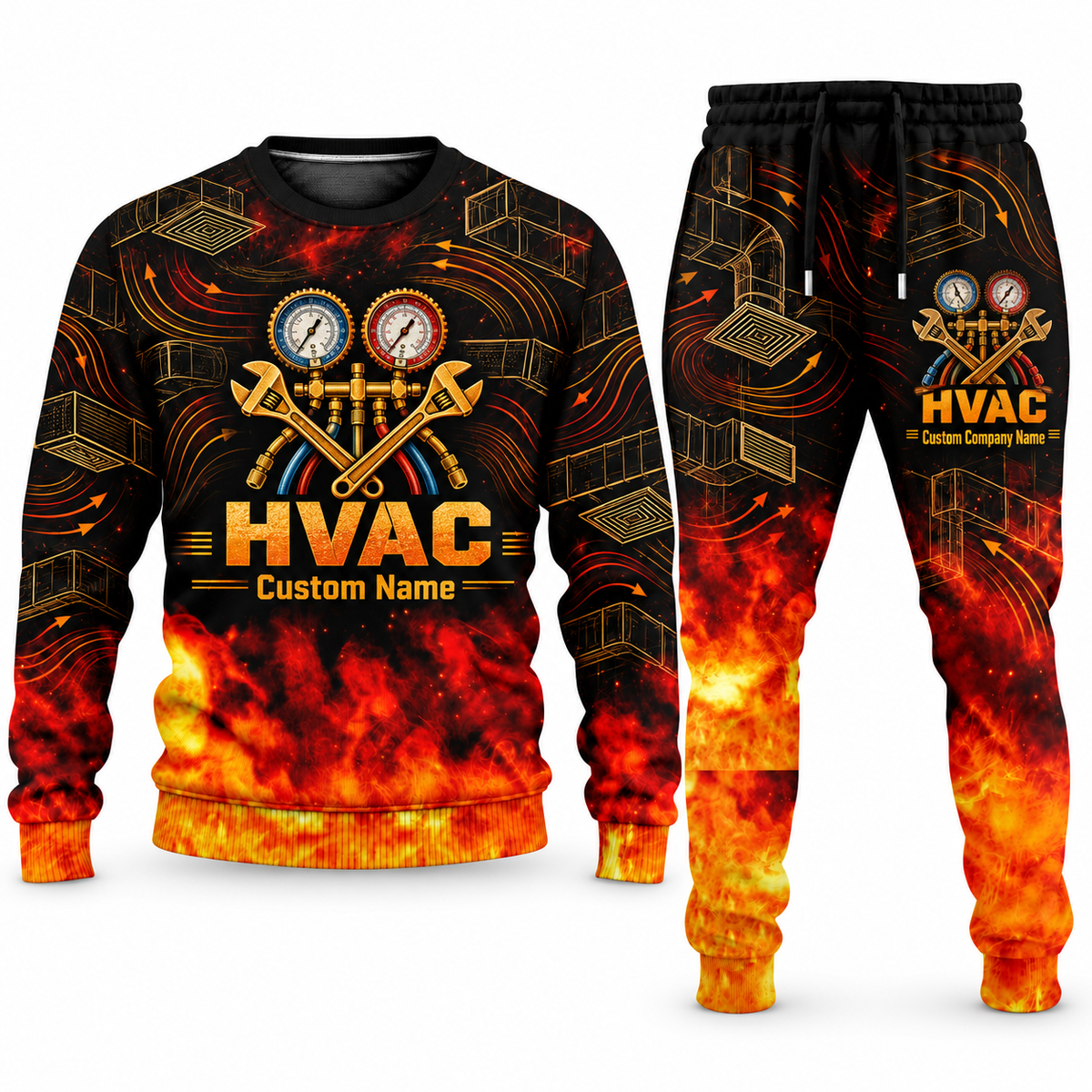 HVAC Flame Emblem sweater and jogger combo, tools view with name and company artwork