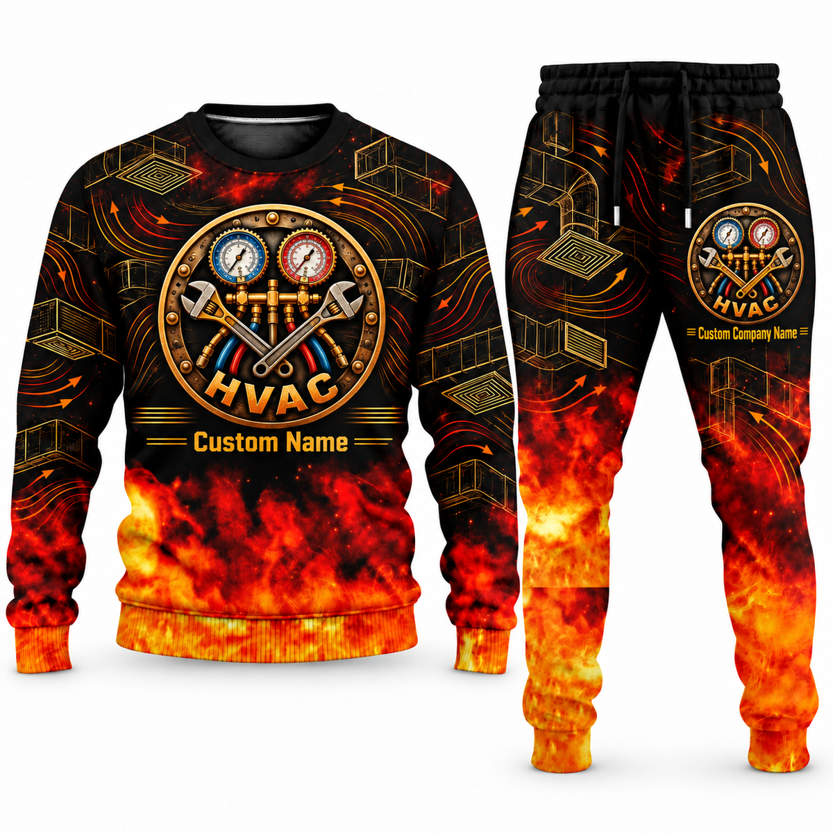 HVAC Flame Emblem sweater and jogger combo, emblem view with name and company artwork
