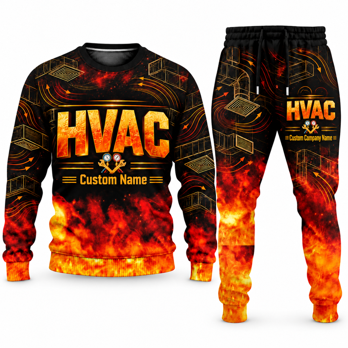 HVAC Flame Emblem sweater and jogger combo, typography view with name and company artwork