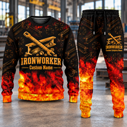 Ironworker Flame Emblem sweater and jogger combo, hero view with name and company artwork