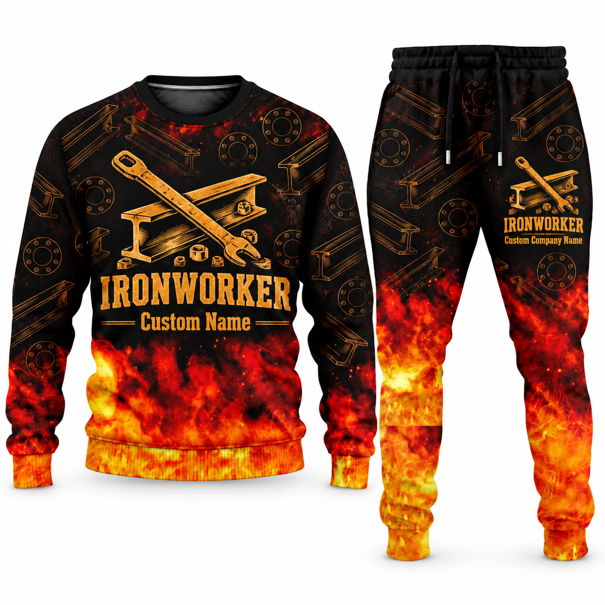 Ironworker Flame Emblem sweater and jogger combo, tools view with name and company artwork