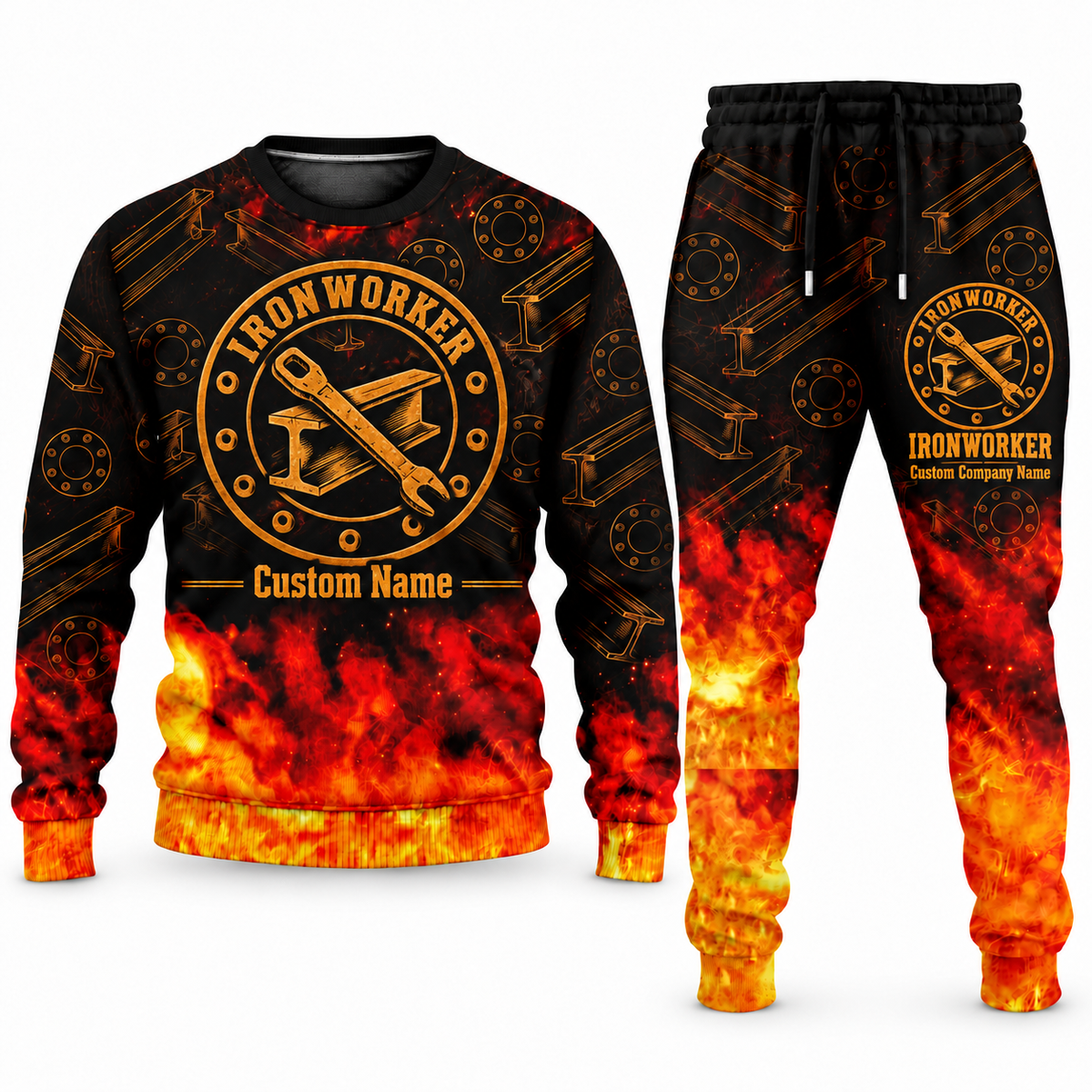 Ironworker Flame Emblem sweater and jogger combo, emblem view with name and company artwork