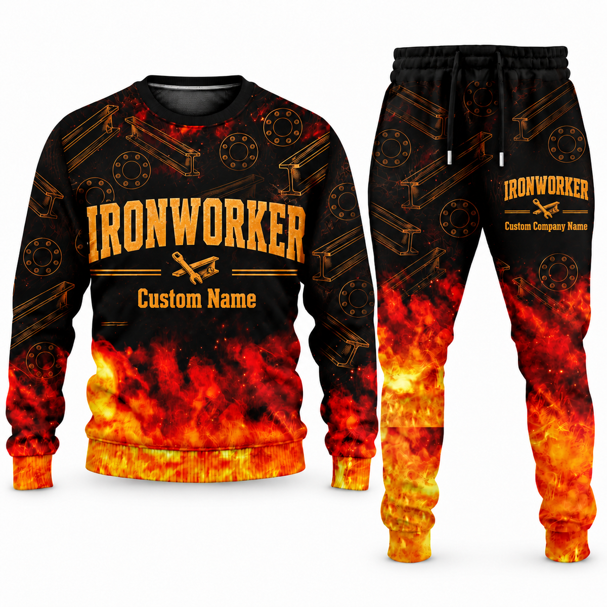 Ironworker Flame Emblem sweater and jogger combo, typography view with name and company artwork