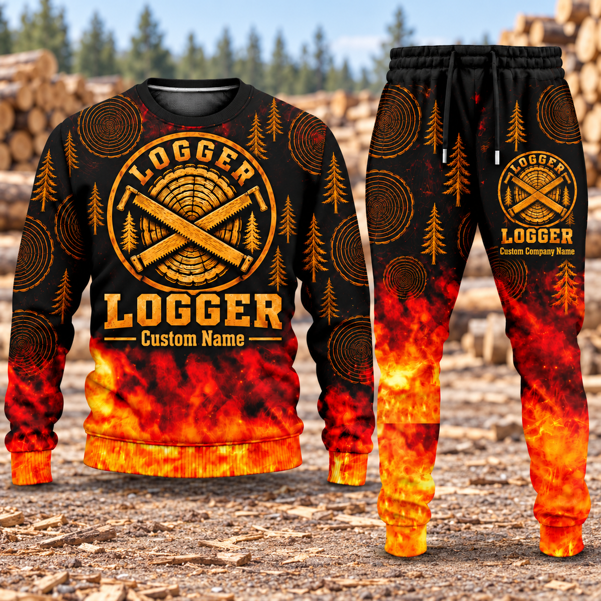 Logger Flame Emblem sweater and jogger combo, hero view with name and company artwork