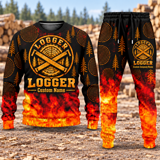 Logger Flame Emblem sweater and jogger combo, hero view with name and company artwork
