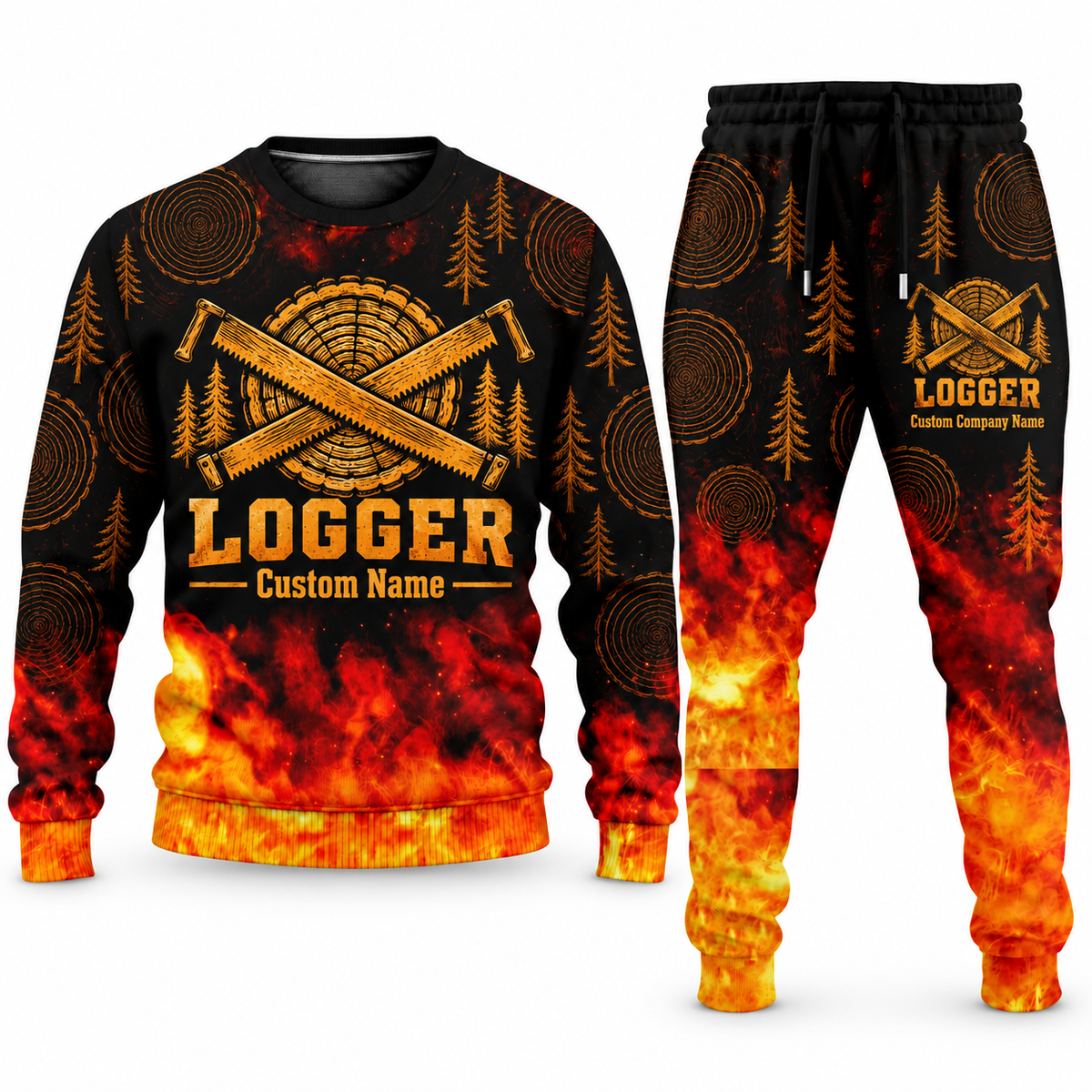 Logger Flame Emblem sweater and jogger combo, tools view with name and company artwork