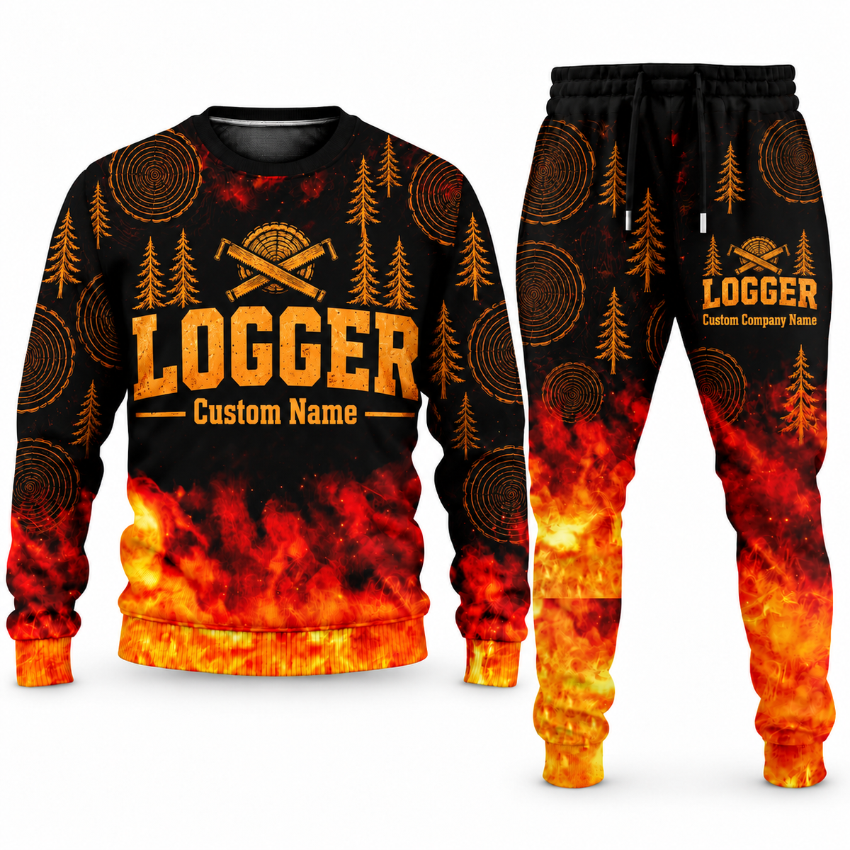 Logger Flame Emblem sweater and jogger combo, typography view with name and company artwork