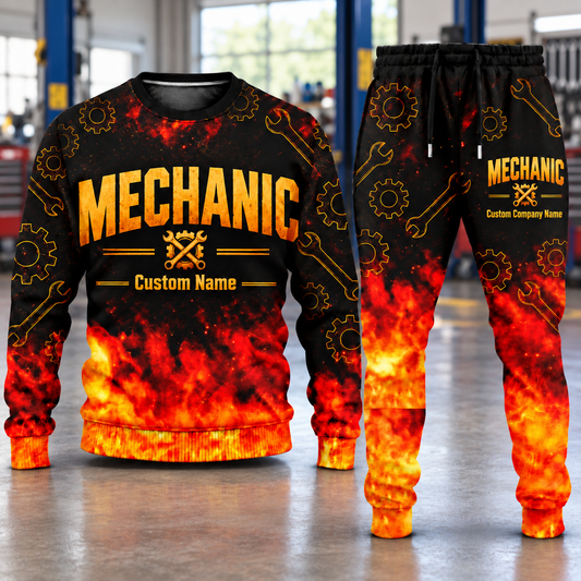 Mechanic Flame Emblem sweater and jogger combo, hero view with name and company artwork