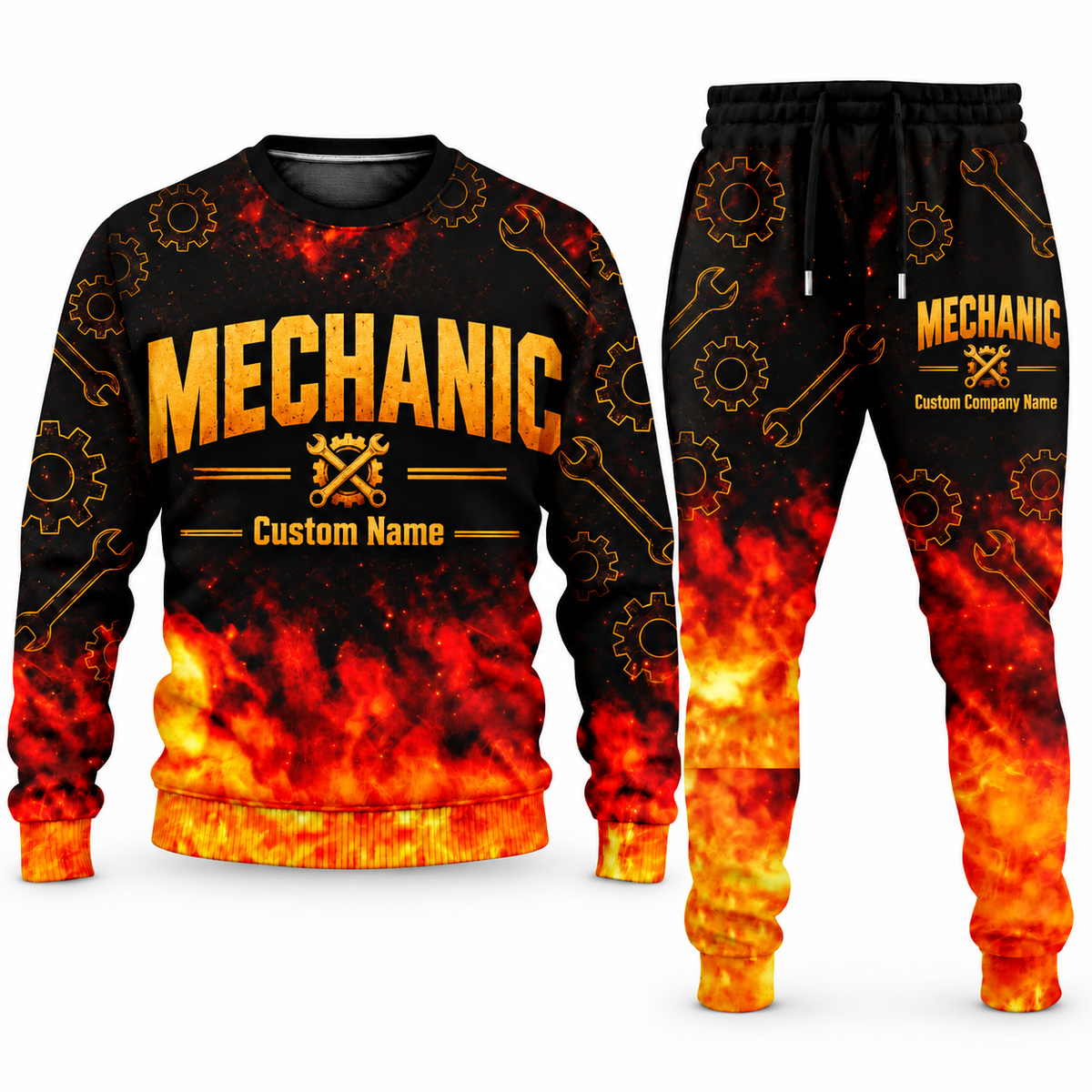 Mechanic Flame Emblem sweater and jogger combo, typography view with name and company artwork